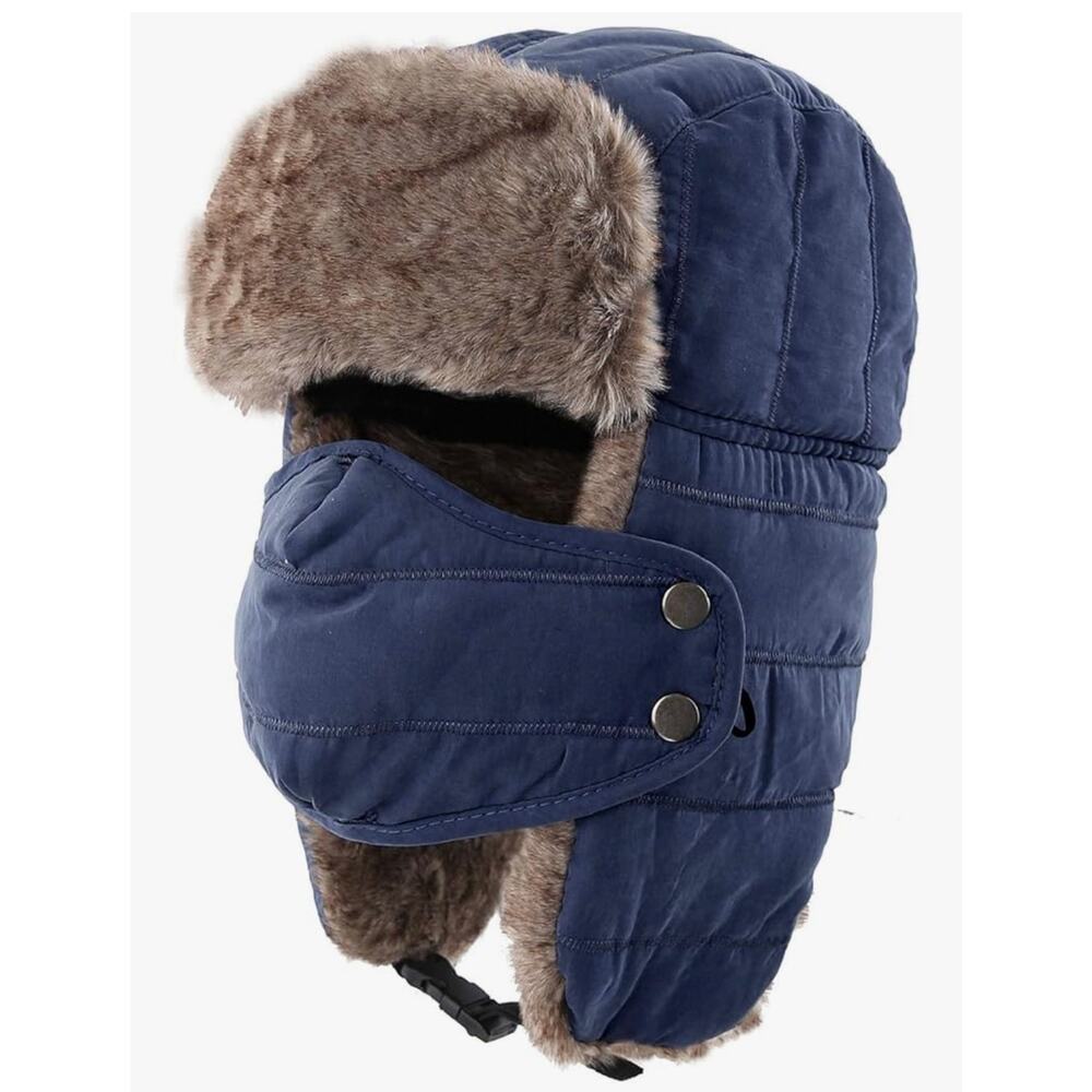 Navy Blue Faux Fur Lined Trapper Winter Hat Ear Flap Unisex